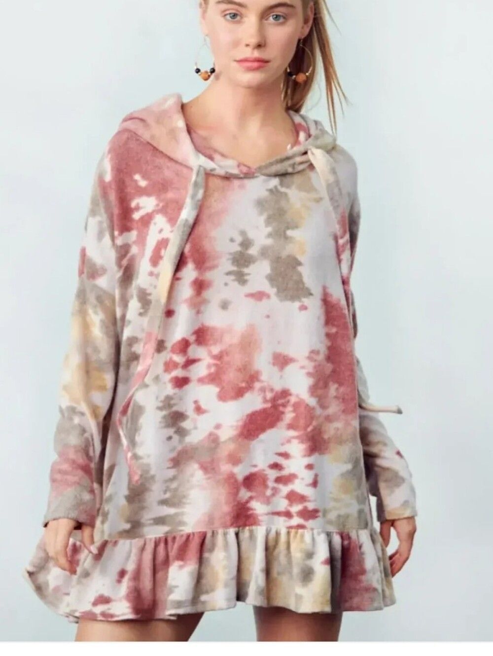 Comfy Tie-Dye Fleece Oversize Hoodie Dress Ruffle Hem Dusty Rose Sz Large